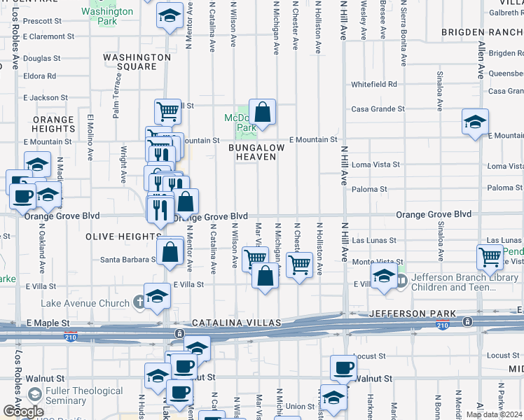 map of restaurants, bars, coffee shops, grocery stores, and more near 1155 East Orange Grove Boulevard in Pasadena