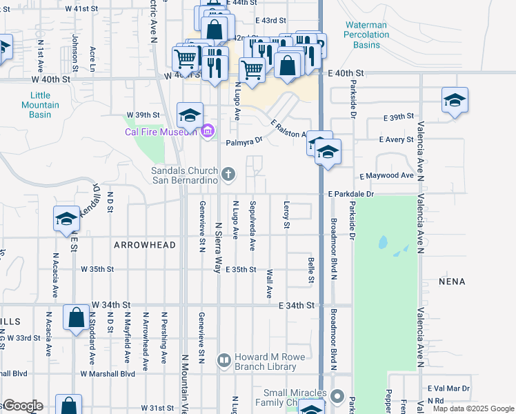 map of restaurants, bars, coffee shops, grocery stores, and more near 3672 Wall Avenue in San Bernardino