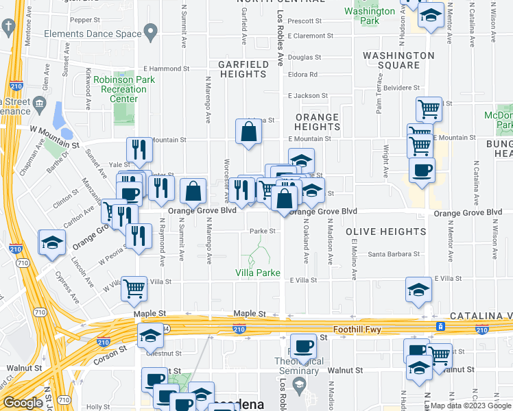 map of restaurants, bars, coffee shops, grocery stores, and more near 373 East Orange Grove Boulevard in Pasadena