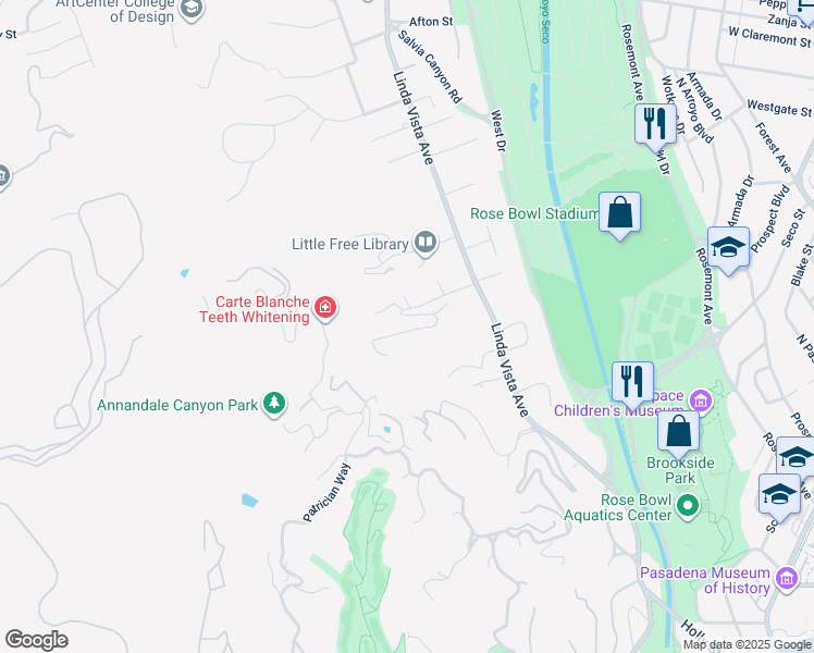 map of restaurants, bars, coffee shops, grocery stores, and more near 1425 Linda Ridge Road in Pasadena