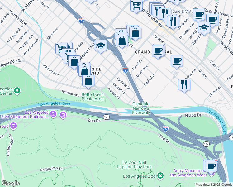 map of restaurants, bars, coffee shops, grocery stores, and more near 1415 Garden Street in Glendale