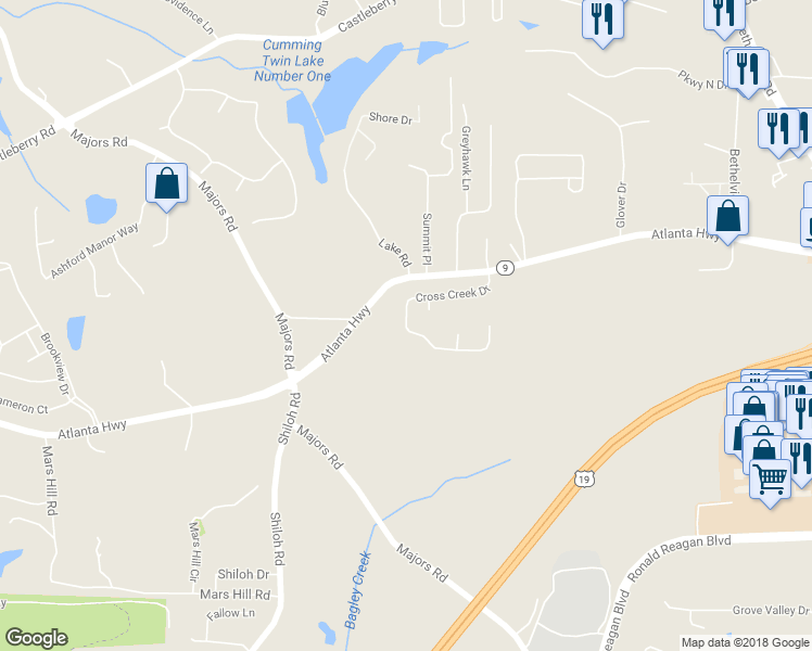 map of restaurants, bars, coffee shops, grocery stores, and more near 3038 Cross Creek Drive in Cumming