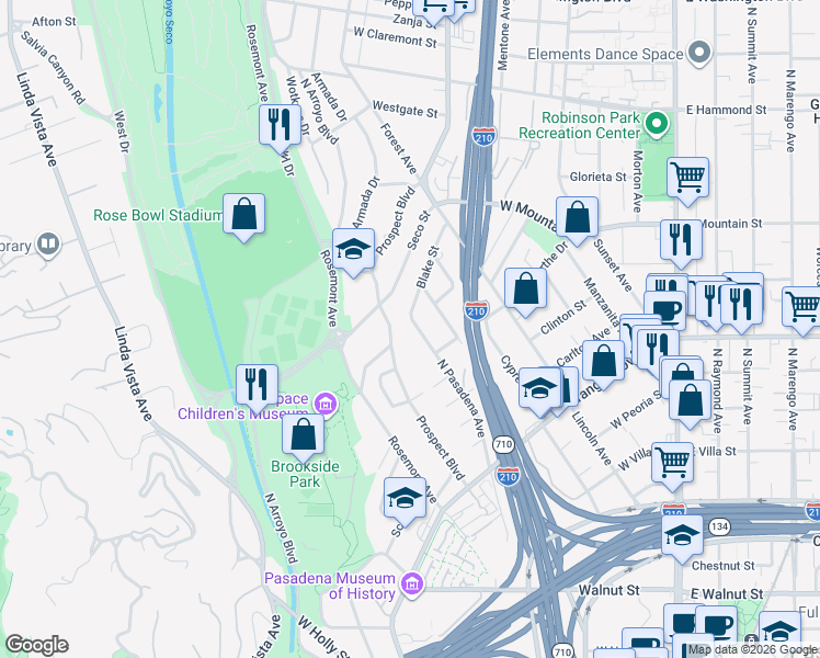 map of restaurants, bars, coffee shops, grocery stores, and more near 825 North Pasadena Avenue in Pasadena
