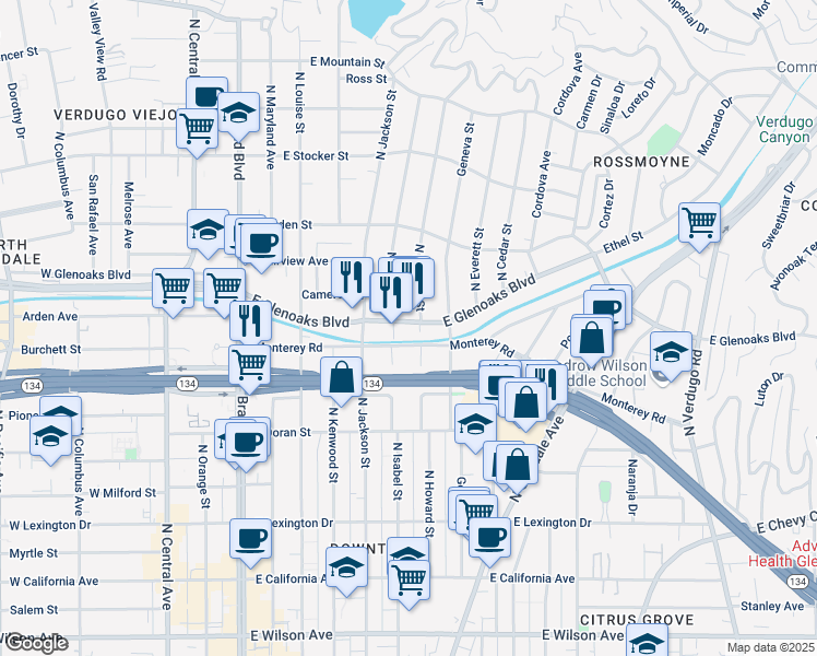 map of restaurants, bars, coffee shops, grocery stores, and more near 620 East Glenoaks Boulevard in Glendale