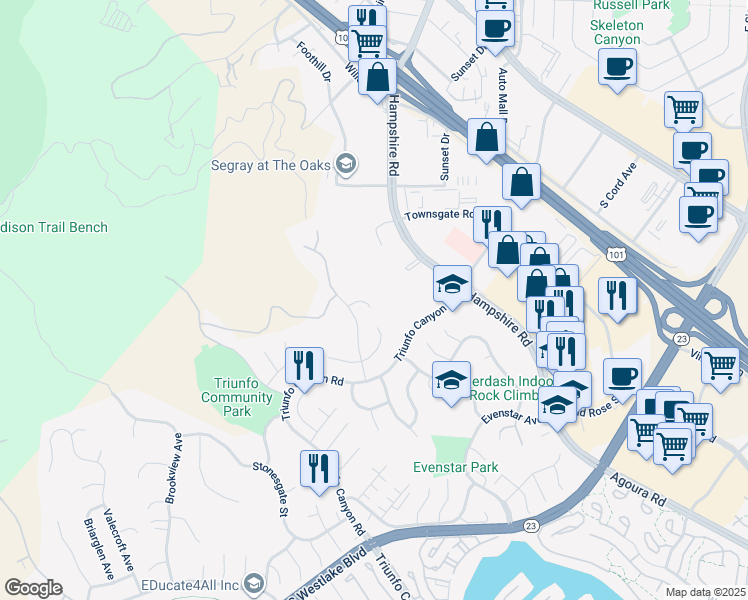 map of restaurants, bars, coffee shops, grocery stores, and more near 2141 Basswood Court in Thousand Oaks