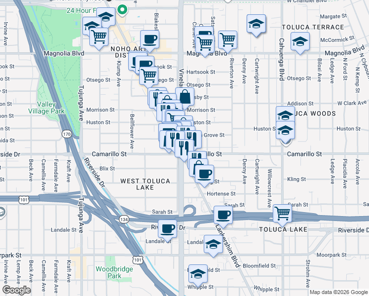 map of restaurants, bars, coffee shops, grocery stores, and more near 4817 Craner Avenue in Los Angeles