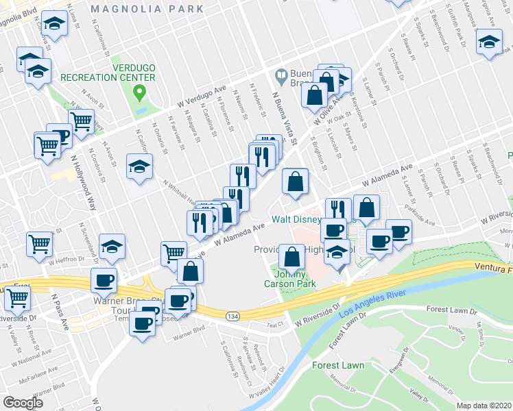 map of restaurants, bars, coffee shops, grocery stores, and more near 2800 West Olive Avenue in Burbank