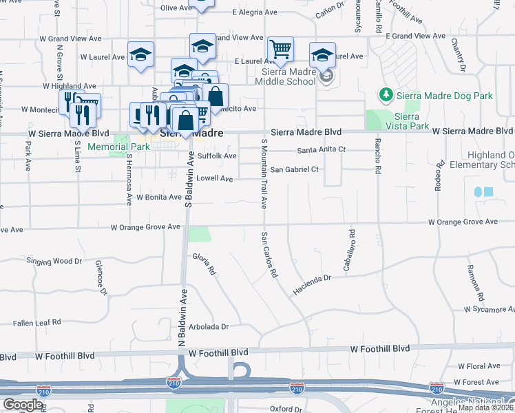 map of restaurants, bars, coffee shops, grocery stores, and more near 225 South Mountain Trail Avenue in Sierra Madre