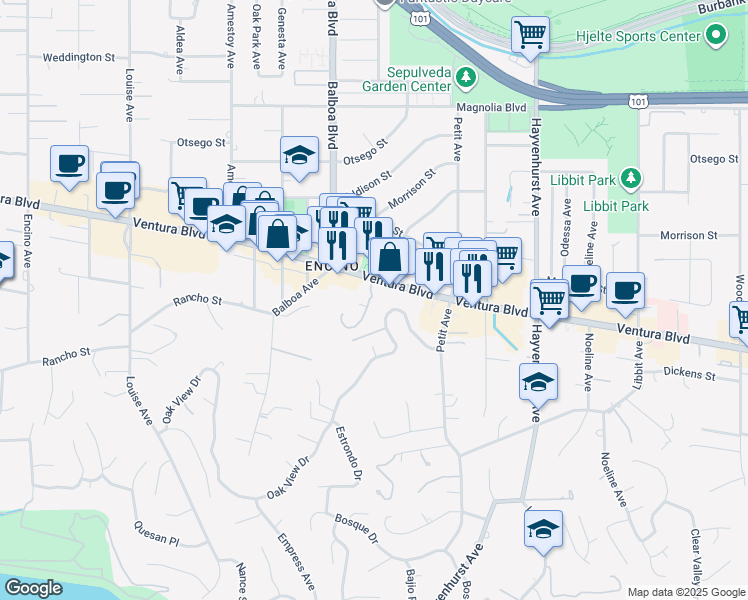 map of restaurants, bars, coffee shops, grocery stores, and more near 4702 Park Encino Lane in Los Angeles