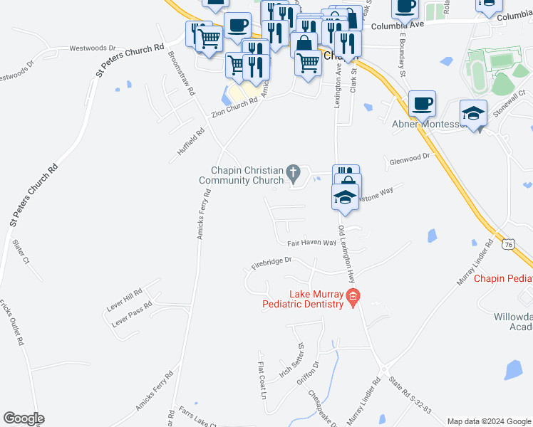 map of restaurants, bars, coffee shops, grocery stores, and more near 171 Fair Haven Way in Chapin