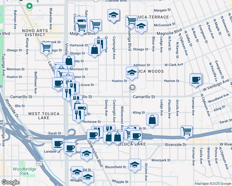 map of restaurants, bars, coffee shops, grocery stores, and more near 10655 Camarillo Street in Los Angeles