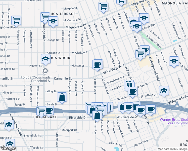 map of restaurants, bars, coffee shops, grocery stores, and more near 10201 Camarillo Street in Los Angeles