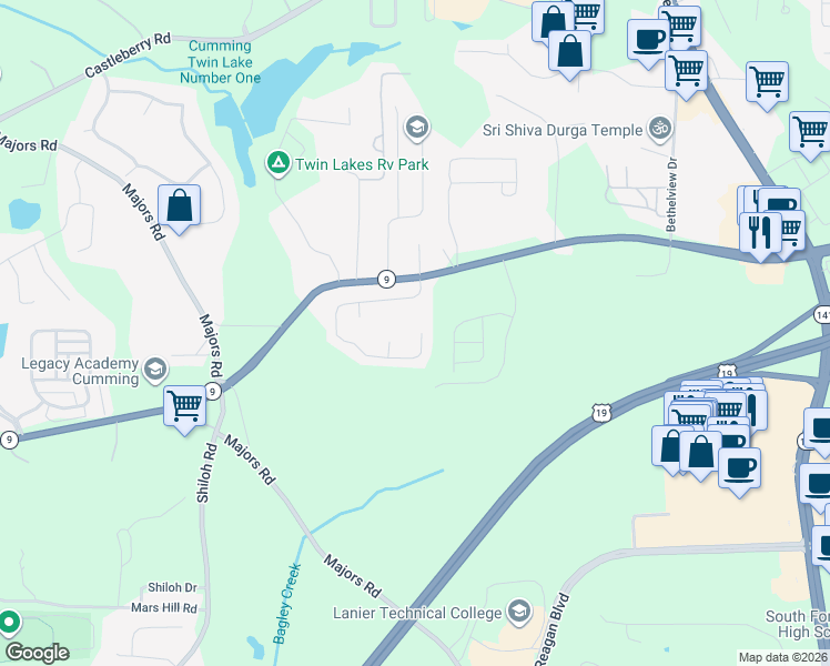 map of restaurants, bars, coffee shops, grocery stores, and more near 3161 Cross Creek Drive in Cumming