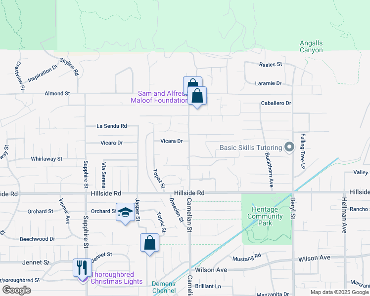 map of restaurants, bars, coffee shops, grocery stores, and more near 5340 Carnelian Street in Rancho Cucamonga