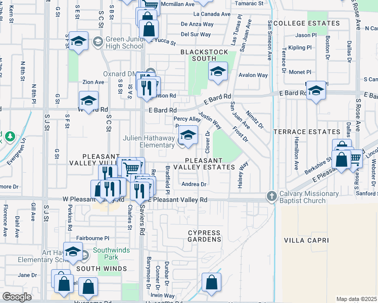 map of restaurants, bars, coffee shops, grocery stores, and more near 405 East Dollie Street in Oxnard
