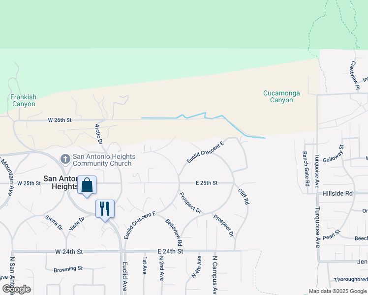 map of restaurants, bars, coffee shops, grocery stores, and more near 2565 Cliff Road in Upland