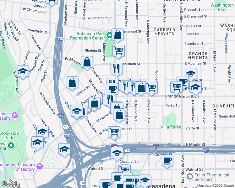map of restaurants, bars, coffee shops, grocery stores, and more near 953 North Orange Grove Boulevard in Pasadena