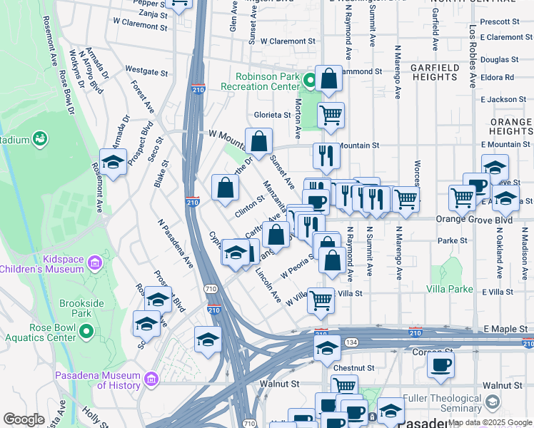 map of restaurants, bars, coffee shops, grocery stores, and more near 131 Carlton Avenue in Pasadena