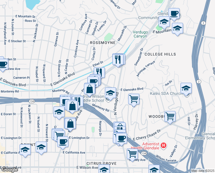 map of restaurants, bars, coffee shops, grocery stores, and more near 820 North Adams Street in Glendale