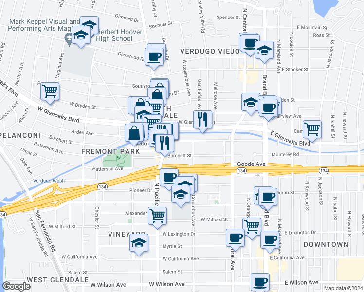 map of restaurants, bars, coffee shops, grocery stores, and more near 431 Burchett Street in Glendale