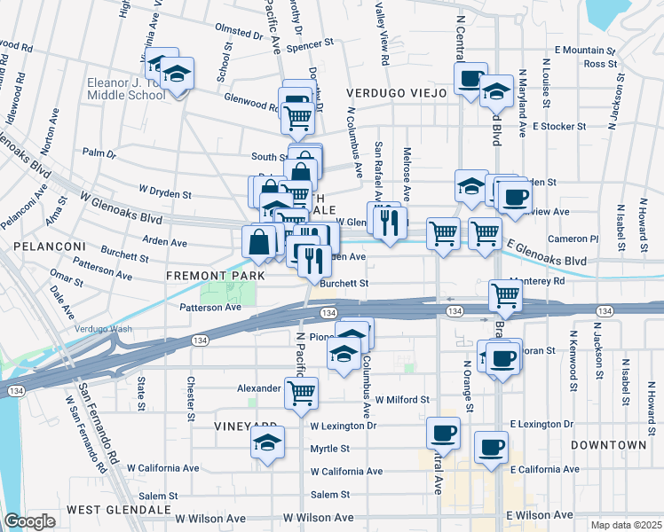 map of restaurants, bars, coffee shops, grocery stores, and more near 431 Burchett Street in Glendale