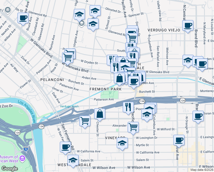 map of restaurants, bars, coffee shops, grocery stores, and more near in Glendale