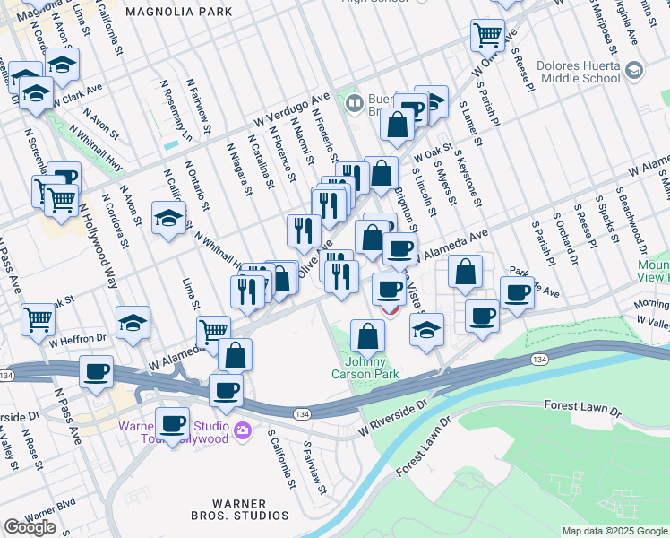 map of restaurants, bars, coffee shops, grocery stores, and more near 2800 West Olive Avenue in Burbank