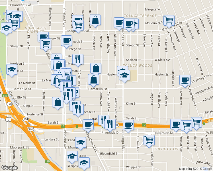 map of restaurants, bars, coffee shops, grocery stores, and more near 10655 Camarillo Street in Los Angeles