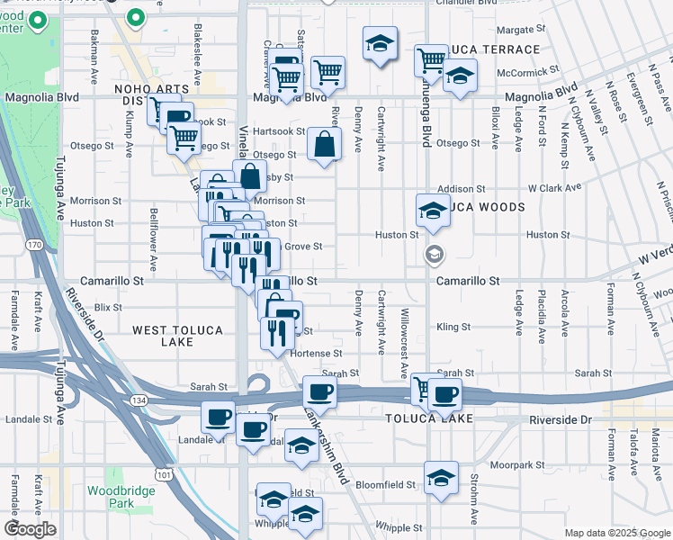 map of restaurants, bars, coffee shops, grocery stores, and more near 10815 Camarillo Street in Los Angeles