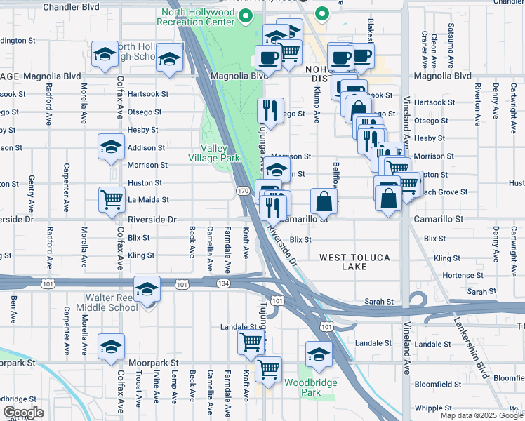 map of restaurants, bars, coffee shops, grocery stores, and more near 11331 Camarillo Street in Los Angeles