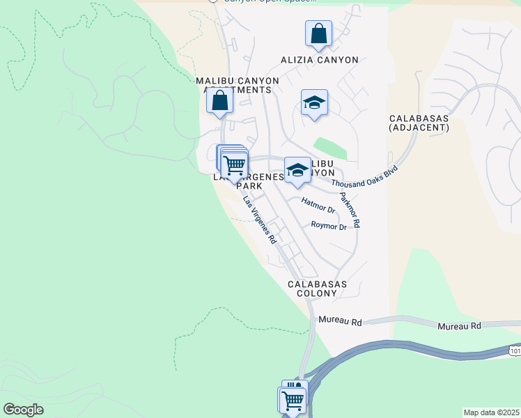 map of restaurants, bars, coffee shops, grocery stores, and more near 5538 Las Virgenes Road in Calabasas