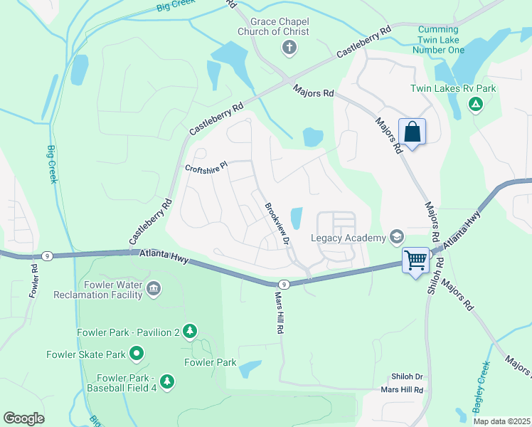map of restaurants, bars, coffee shops, grocery stores, and more near 4105 Brookview Drive in Cumming