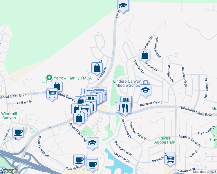 map of restaurants, bars, coffee shops, grocery stores, and more near 5870 Logwood Road in Westlake Village