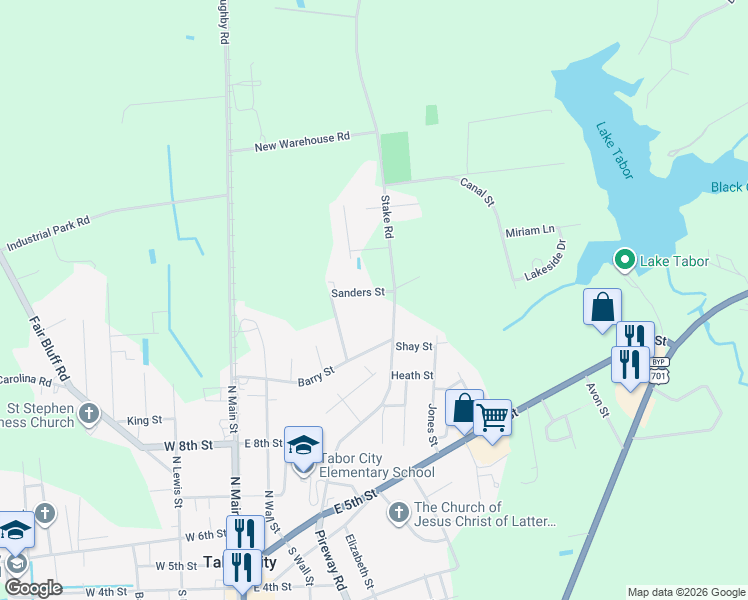 map of restaurants, bars, coffee shops, grocery stores, and more near 111 Sanders Street in Tabor City