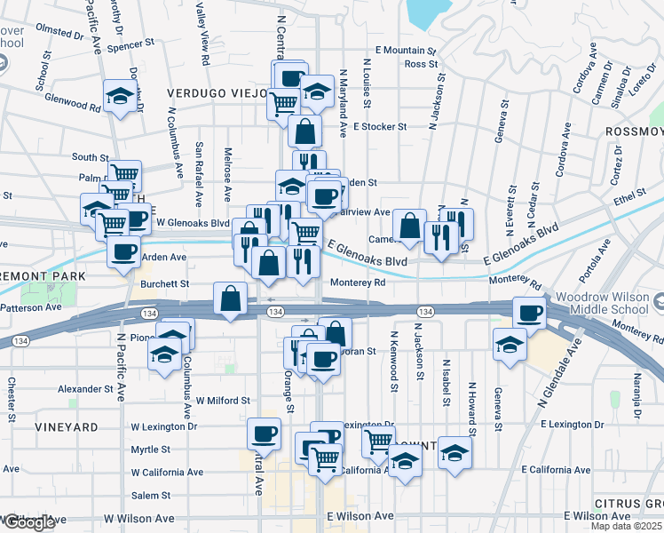 map of restaurants, bars, coffee shops, grocery stores, and more near 800 North Brand Boulevard in Glendale