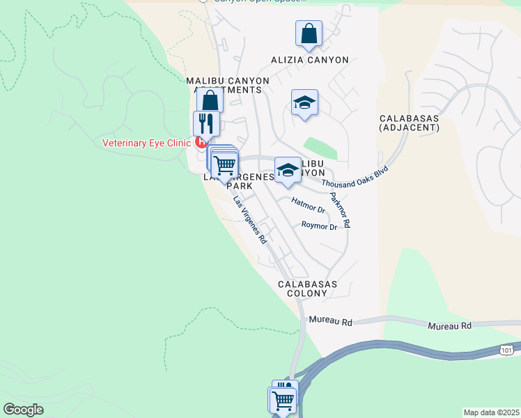 map of restaurants, bars, coffee shops, grocery stores, and more near 5544 Las Virgenes Road in Calabasas