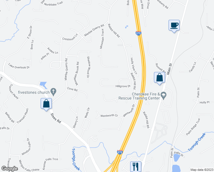 map of restaurants, bars, coffee shops, grocery stores, and more near 355 Hillgrove Drive in Canton