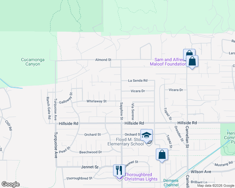 map of restaurants, bars, coffee shops, grocery stores, and more near 5327 Aquamarine Avenue in Rancho Cucamonga