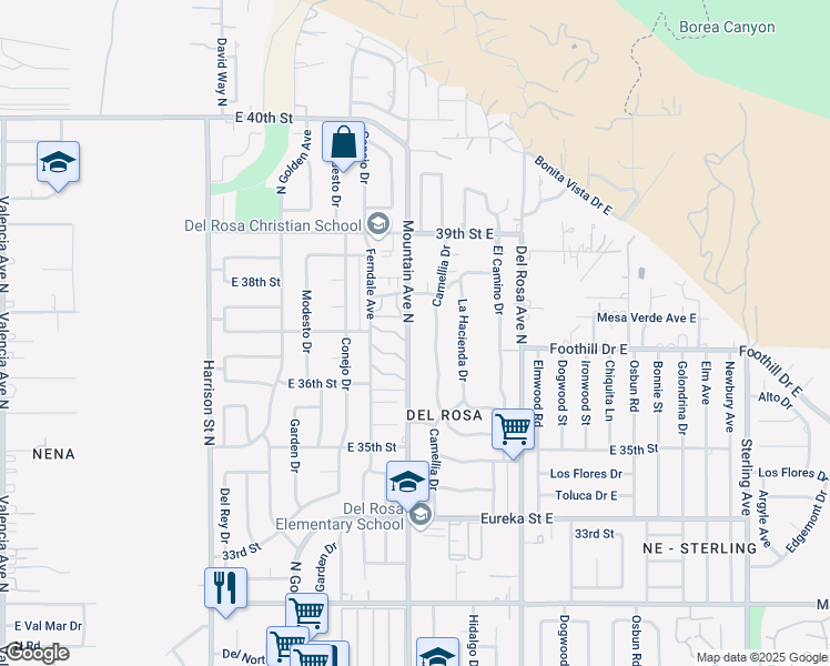 map of restaurants, bars, coffee shops, grocery stores, and more near 3735 Mountain Avenue North in San Bernardino