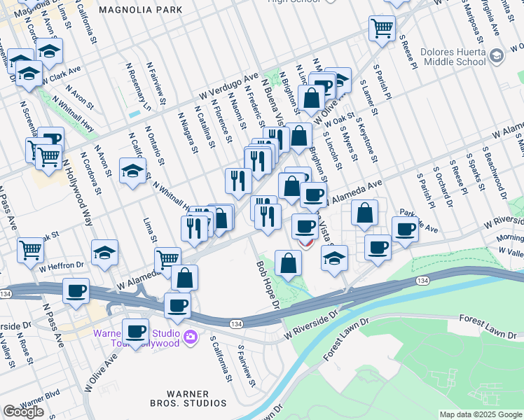 map of restaurants, bars, coffee shops, grocery stores, and more near 2721 West Willow Street in Burbank