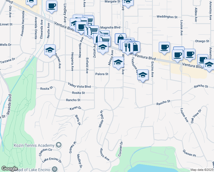 map of restaurants, bars, coffee shops, grocery stores, and more near 17829 Valley Vista Boulevard in Los Angeles