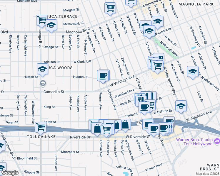 map of restaurants, bars, coffee shops, grocery stores, and more near 4416 West Verdugo Avenue in Burbank