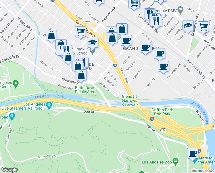 map of restaurants, bars, coffee shops, grocery stores, and more near 1415 Garden Street in Glendale