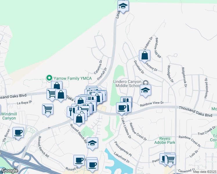 map of restaurants, bars, coffee shops, grocery stores, and more near 5870 Logwood Road in Westlake Village