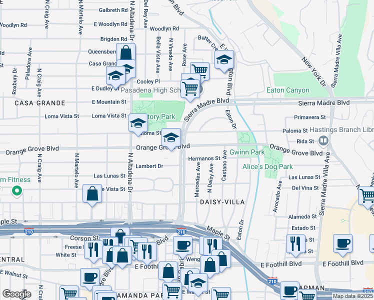 map of restaurants, bars, coffee shops, grocery stores, and more near 2748 East Orange Grove Boulevard in Pasadena