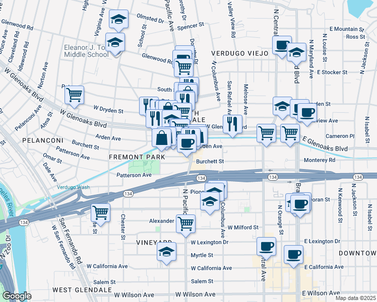 map of restaurants, bars, coffee shops, grocery stores, and more near 513 Hahn Avenue in Glendale
