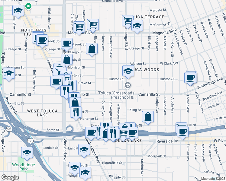 map of restaurants, bars, coffee shops, grocery stores, and more near 10655 Camarillo Street in Los Angeles