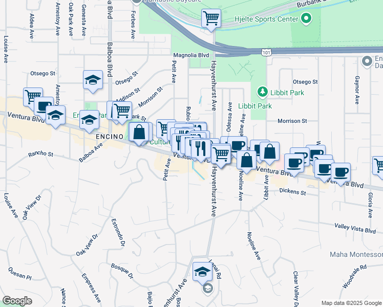 map of restaurants, bars, coffee shops, grocery stores, and more near 16575 Ventura Boulevard in Los Angeles
