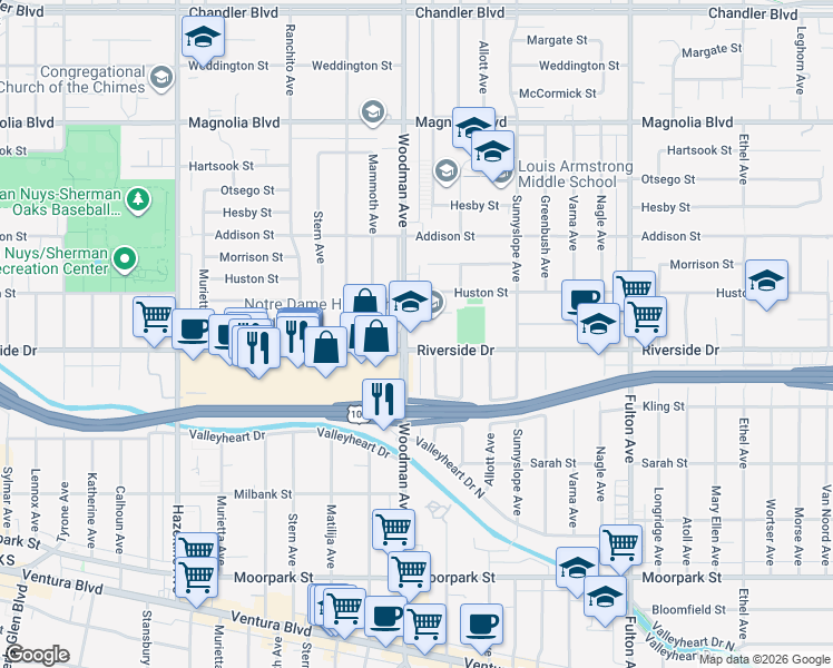 map of restaurants, bars, coffee shops, grocery stores, and more near 13645 Riverside Drive in Los Angeles