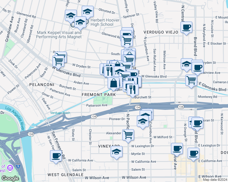 map of restaurants, bars, coffee shops, grocery stores, and more near 556 Arden Avenue in Glendale
